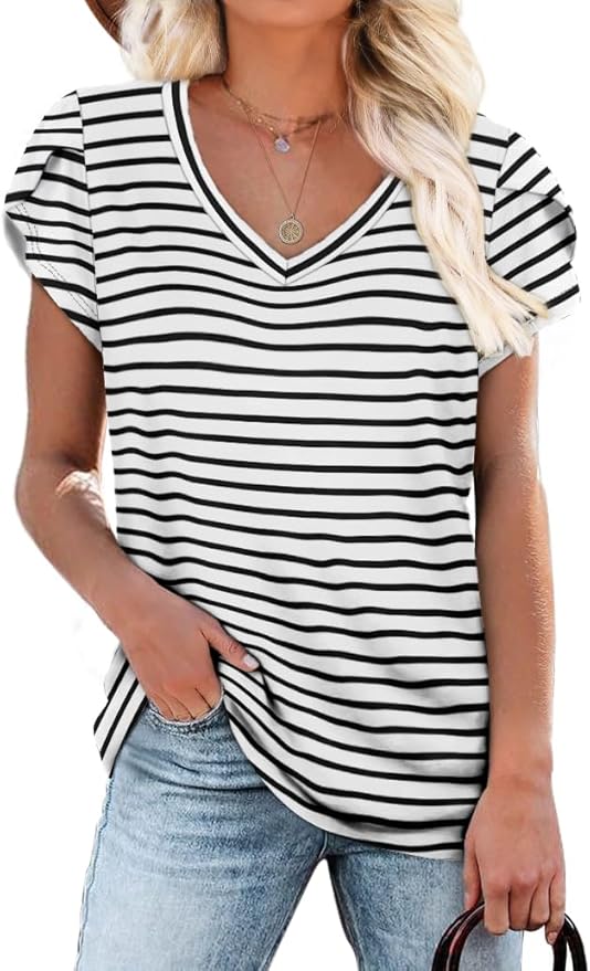 WIHOLL Womens Tops V Neck Summer Petal Sleeve Casual Tshirts