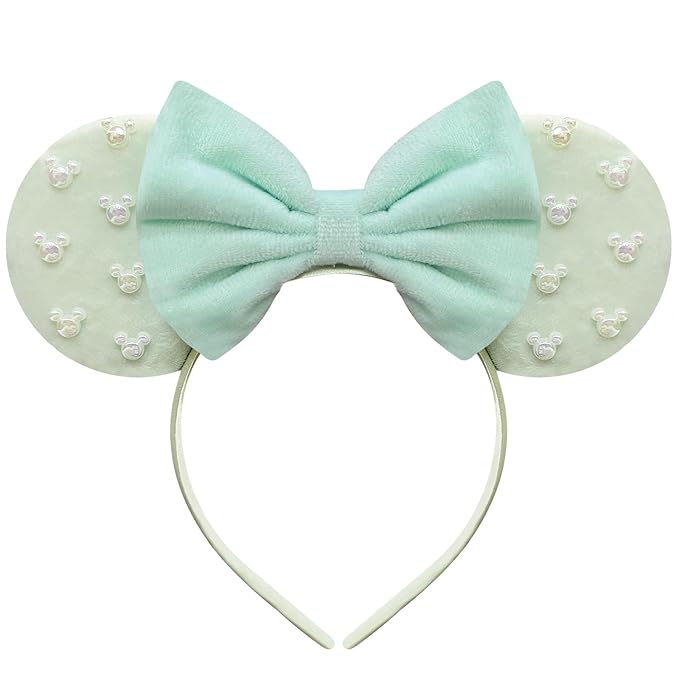Trnerm Mint Green Fuzzy Mouse Ears Headband for Women, Cute Beads Headband with Bows，Halloween Costume Accessory