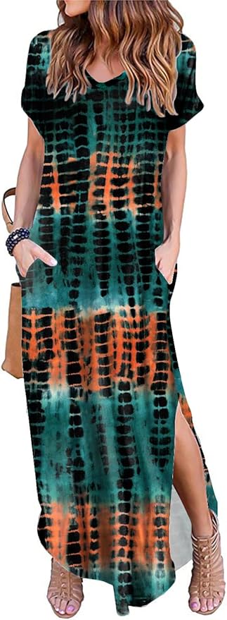 Arolina Women's Summer Maxi Dress Short Sleeve V Neck Casual Loose Long Beach Split Dresses with Pockets
