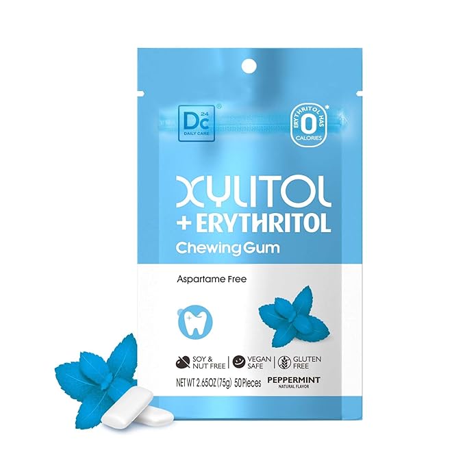 DC24 DAILY CARE Gum, Aspartame Free & Sugar Free Gum, Xylitol Chewing Gum with Erythritol, Low-Calorie, Sugarless, Natural Peppermint, 50 Pieces (Pack of 1)