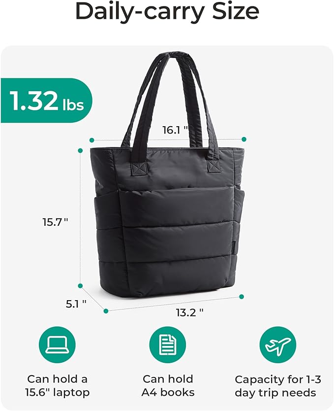 BAGSMART Tote Bag for Women, Lightweight Puffy Tote Bag with Compartments Shoulder Bag Handbag for Travel, Work, Gym | Lightweight, Puffy, Tote Bag with Compartments, Quilted, for Travel, Work