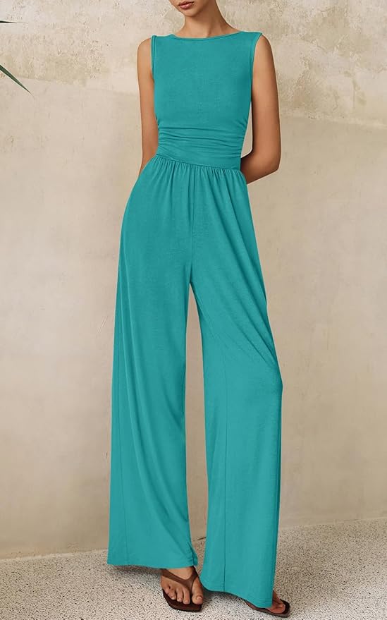 PRETTYGARDEN One Piece Jumpsuits for Women Dressy Casual Sleeveless Crewneck Wide Leg Rompers Jumpers Vacation Summer Outfits
