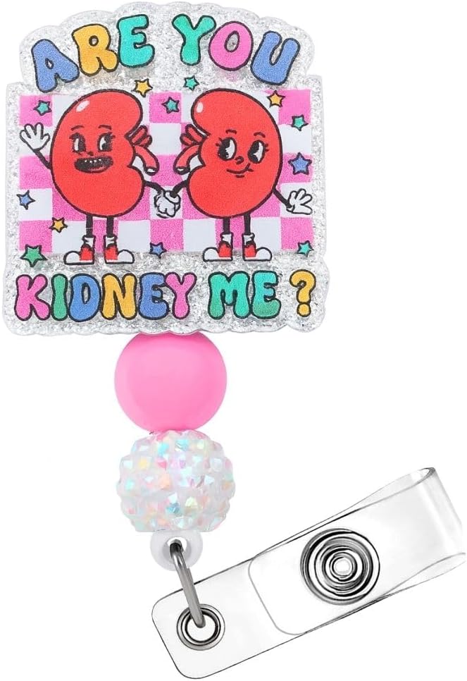 are You Kidney Me Beaded Badge Reel Cute Funny Cartoon Renal Health Work ID Holder Retractable Clip Nurse Accessories Appreciation Gifts for Urologists Nephrologists Medical Students Staff Doctors