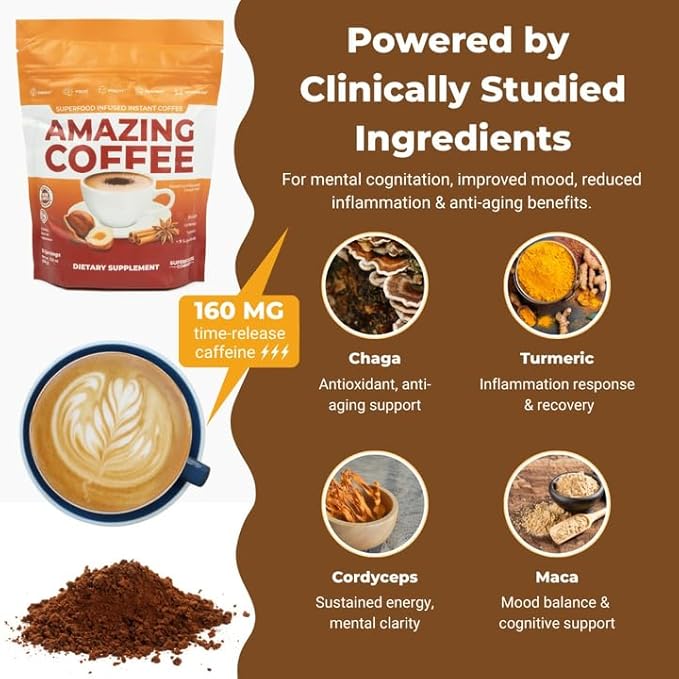 Superfoods Company | Amazing Coffee - Instant French Roast | Adaptogenic Mushrooms, Superfoods infused - Energy, Focus, Digestion, Immunity - 60 Servings - Cocoa Flavor