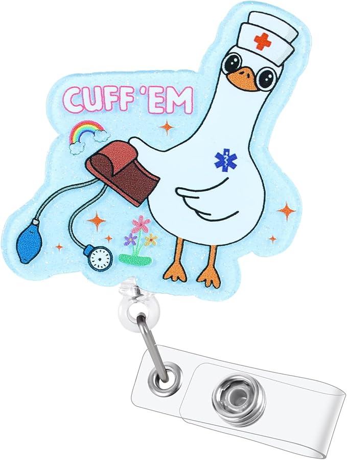 Cuff 'Em Funny Nurse Badge Reel, Cute Retractable ID Card Badge Holder with Alligator Clip, Silly Goose Name Tag Medical Badge Buddy for RN CAN LPN MA BSN Nursing Student Doctor, Nurse Gifts, Acrylic