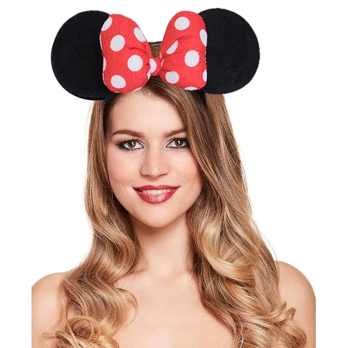 Jeffan Mouse Ear Headband with 3D Cotton Bow, Polka Dot Bow Mouse Party Costume Accessories for Women Girls (Red)