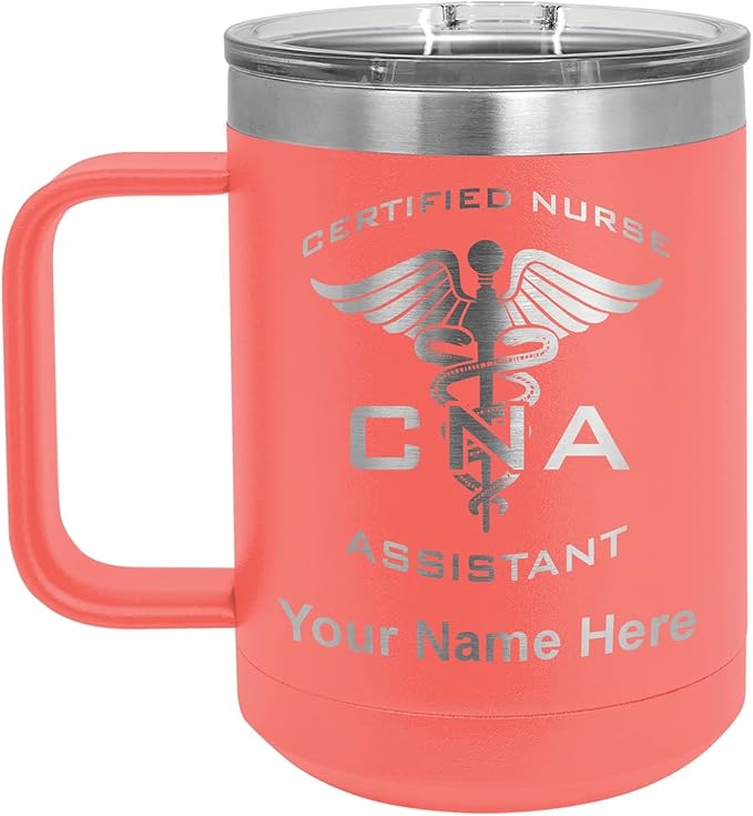 LaserGram 15oz Vacuum Insulated Coffee Mug, CNA Certified Nurse Assistant, Personalized Engraving Included (Coral)
