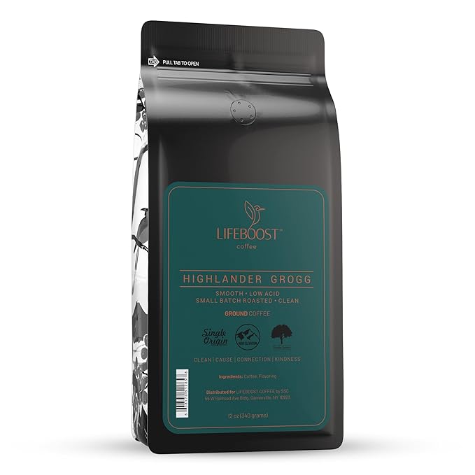 Lifeboost Highlander Grogg Coffee Ground - Low Acid Single Origin Flavored Coffee - Non-GMO Highlander Grogg Ground Coffee Third Party Tested For Mycotoxins & Pesticides - 12 Ounces