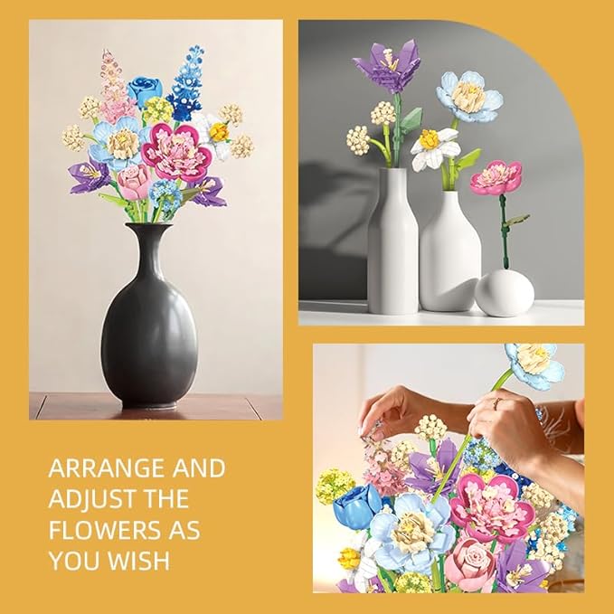 Flower Bouquet Building Block Sets, Artificial Flowers Adult Collection, Unique Home Décor, Idea Present for Adults and Kids, Valentine's Day Gifts for Girls, Standard Particles 865 PCS (JJ9092)