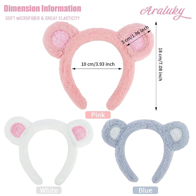 Araluky Mouse Ears Headband 3 Pcs Skincare Headbands Cute Bear Ears Headwear，Disney Ears for Christmas Party,Mickey Ears for Women ﻿