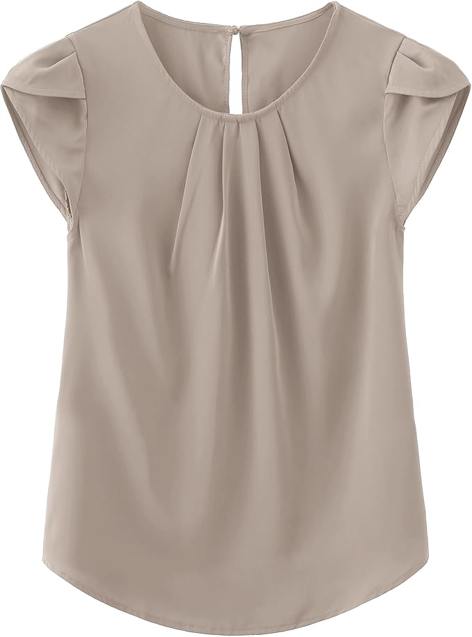 TASAMO Women's Casual Round Neck Basic Pleated Top Cap Sleeve Curved Keyhole Back Chiffon Blouse