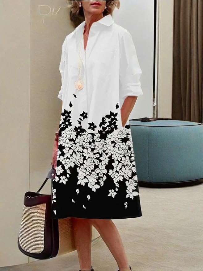 Womens 2025 Long Sleeve Button Down Shirt Summer Dress Casual V Neck Loose Fit Midi Shirt Dresses with Pockets