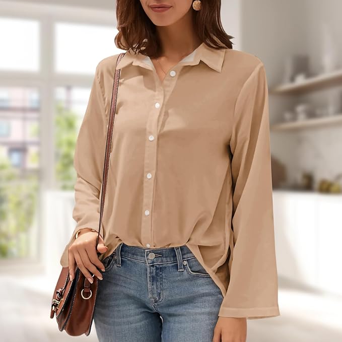 Womens Classic Shirts Casual Button Solid Color Long Sleeve Work Blouse Collared Relaxed Fit Summer Tops