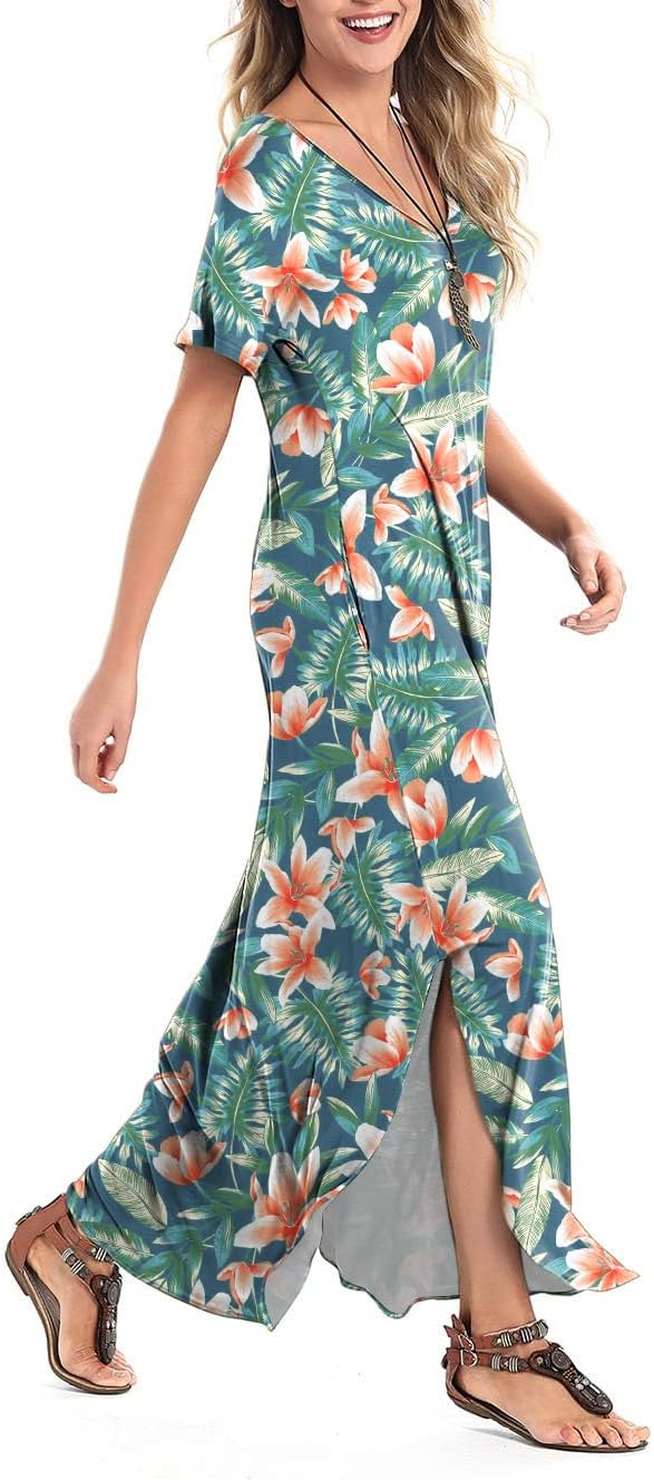 Arolina Women's Summer Maxi Dress Short Sleeve V Neck Casual Loose Long Beach Split Dresses with Pockets