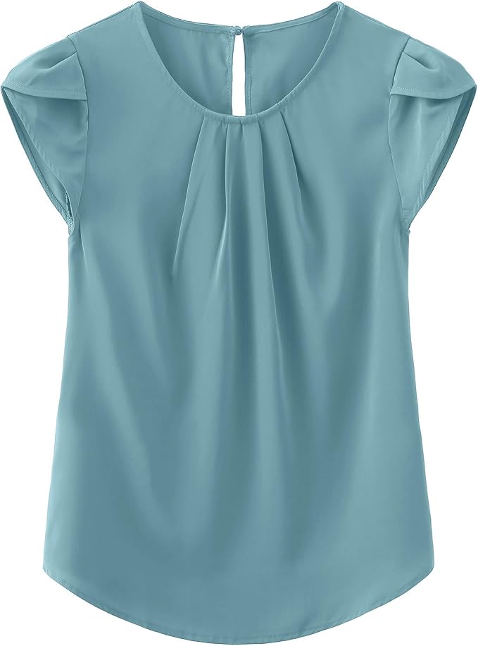 TASAMO Women's Casual Round Neck Basic Pleated Top Cap Sleeve Curved Keyhole Back Chiffon Blouse
