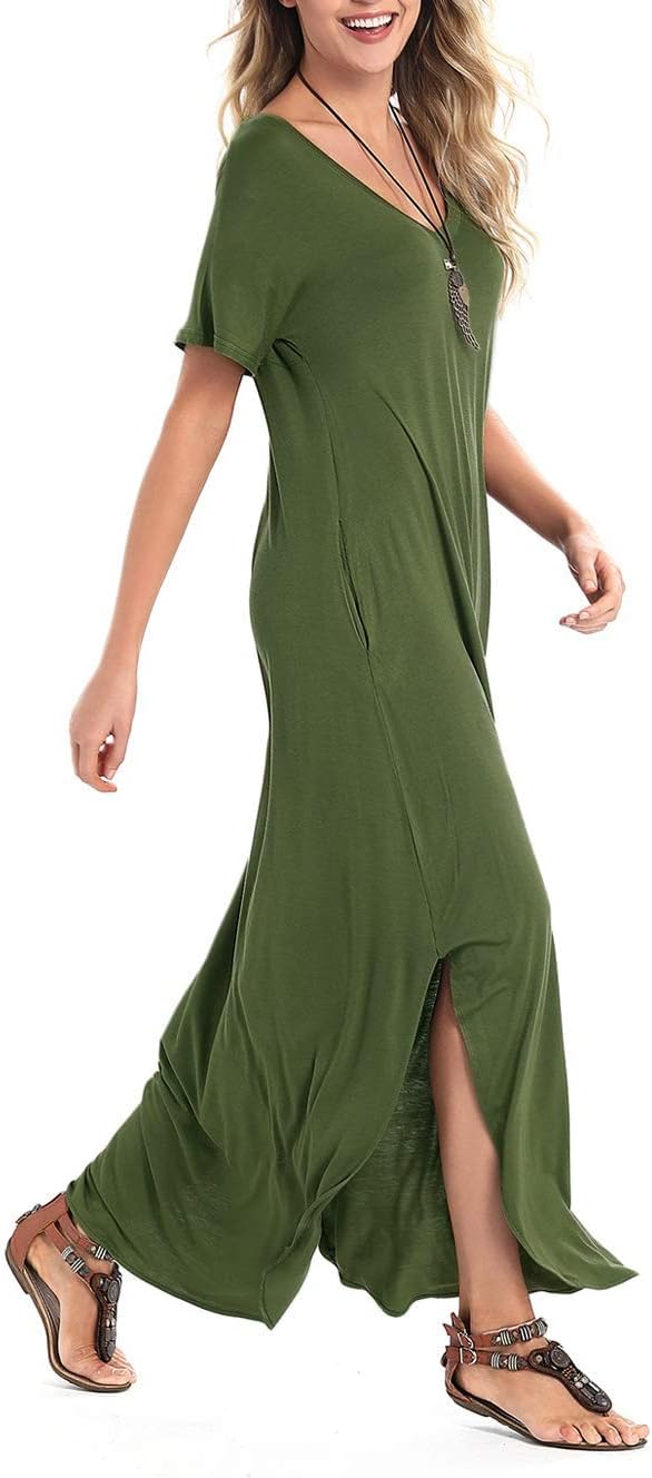 Arolina Women's Summer Maxi Dress Short Sleeve V Neck Casual Loose Long Beach Split Dresses with Pockets