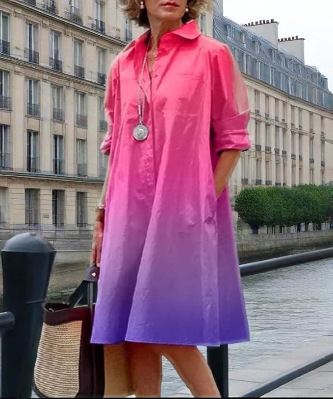 Womens 2025 Long Sleeve Button Down Shirt Summer Dress Casual V Neck Loose Fit Midi Shirt Dresses with Pockets