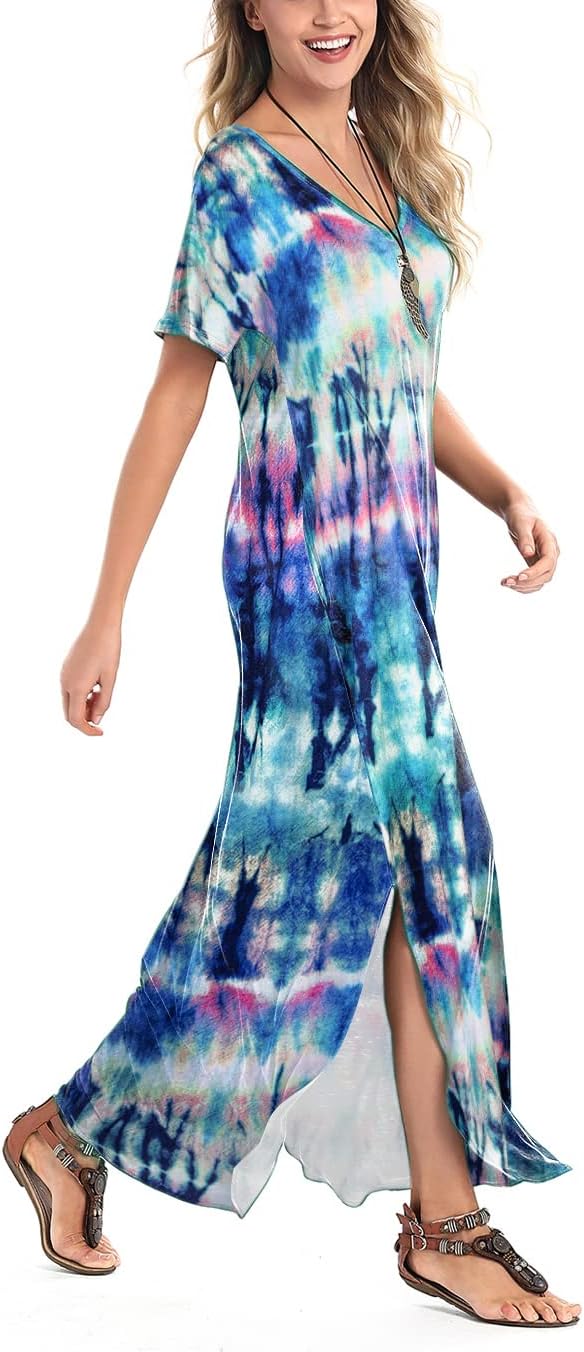 Arolina Women's Summer Maxi Dress Short Sleeve V Neck Casual Loose Long Beach Split Dresses with Pockets