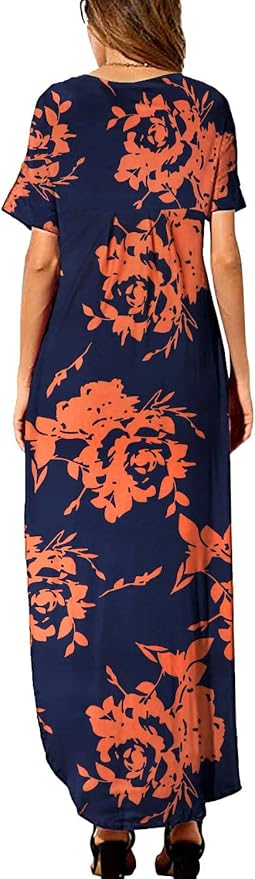 Arolina Women's Summer Maxi Dress Short Sleeve V Neck Casual Loose Long Beach Split Dresses with Pockets