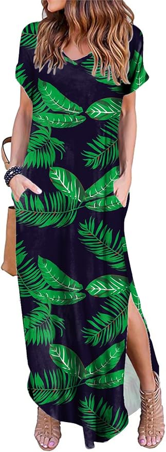 Arolina Women's Summer Maxi Dress Short Sleeve V Neck Casual Loose Long Beach Split Dresses with Pockets
