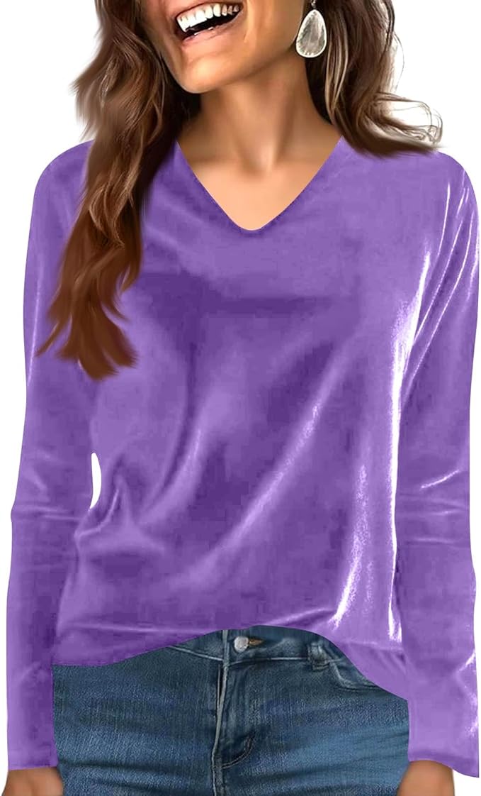Velvet Tops for Women Dressy Casual V Neck Shirts Loose Fit Vintage Long Sleeve Velour Blouse Solid Holiday Party Outfits