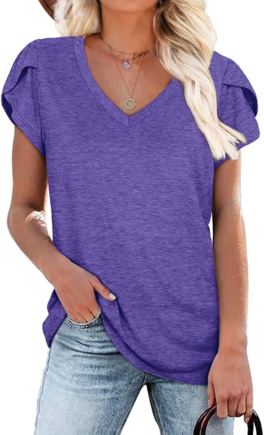 WIHOLL Womens Tops V Neck Summer Petal Sleeve Casual Tshirts