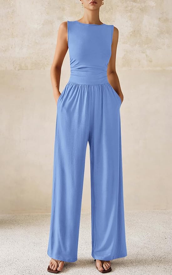 PRETTYGARDEN One Piece Jumpsuits for Women Dressy Casual Sleeveless Crewneck Wide Leg Rompers Jumpers Vacation Summer Outfits