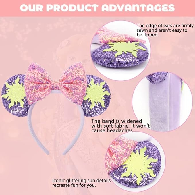 ETLUK Mouse Ears Headband, Princess Mouse Ears Bow Headbands for Women Girls, Cosplay Accessories Party Decorations (Purple)