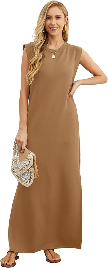 GRECERELLE 2026 Women Year-Round Casual Round Neck Loose Split Wrinkle-Free Long Maxi Vacation Dress with Pockets (XXS-4XL)