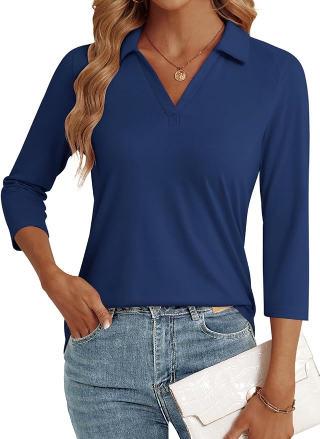 3/4 Length Sleeve Womens Tops Dressy Casual V Neck Polo Shirts Business Work Blouses 2025 Trendy Tunic Top