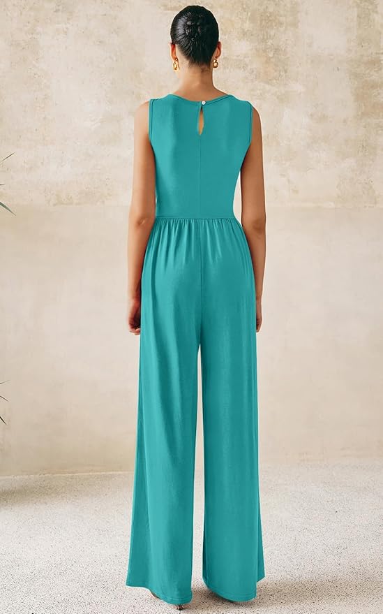 PRETTYGARDEN One Piece Jumpsuits for Women Dressy Casual Sleeveless Crewneck Wide Leg Rompers Jumpers Vacation Summer Outfits