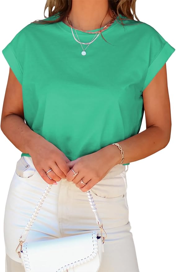 Tankaneo Womens Short Sleeve Cropped T-Shirts Summer Rolled Dolman Sleeve Crop Tops Casual Round Neck Solid Short Basic Tees