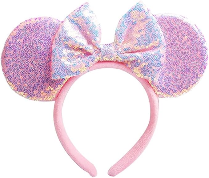 WW-WONDERFULWORLD Unisex Mouse Ears Headbands With Bow & Sequins, for Cartoon Princess Costume Cosplay Decoration, Glitter Christmas Party for Women & Adult; FG1 (Soft Flannel Pink)