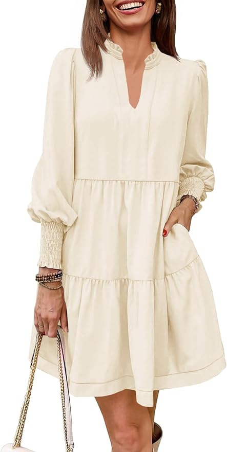 Imily Bela Womens Fall Long Sleeve Tunic Dress Casual V Neck Loose Ruffle Tiered Dress
