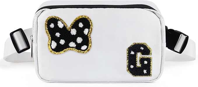 Chenille Initial Letter Bow Mouse Fanny Pack, Waterproof Park Crossbody Bag Christmas Birthday Gifts for Teen Girls Daughter Women Kids Adults, Cute Belt Bag Must Haves for Park Travel (G, White)