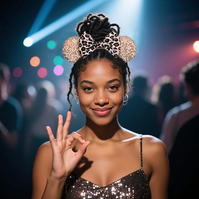 bianbaistar Champagne Sequin Mouse Ears Headband, Leopard Print Satin Bow for Theme Parks & Glam Nights