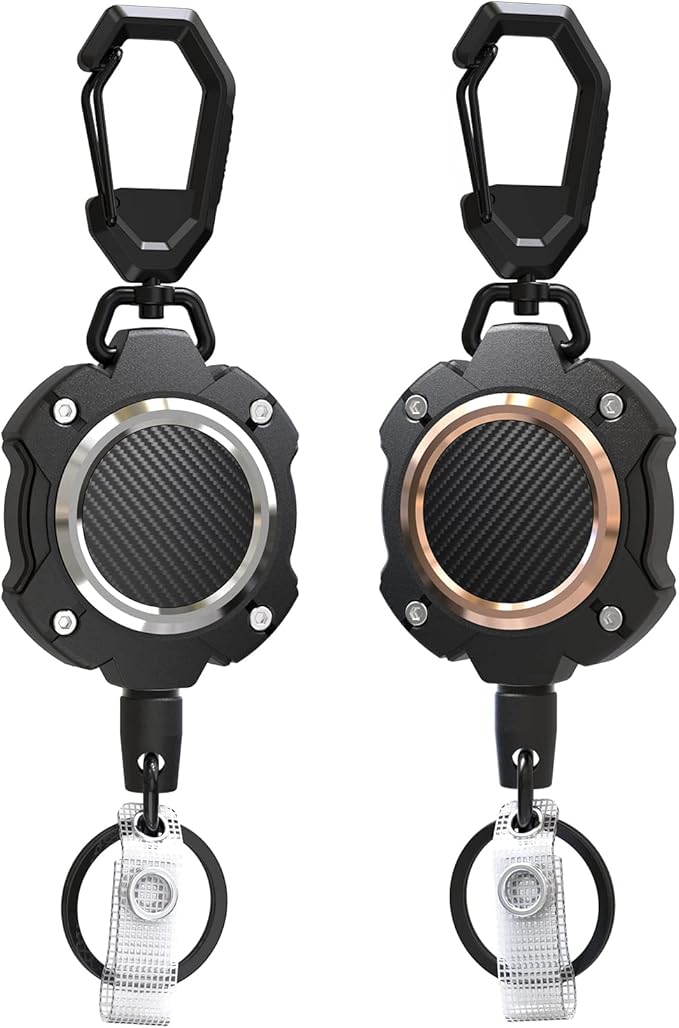 LIUGX 2 Pack Retractable Keychain, Heavy Duty Carabiner Key Chains, 10,000+ Rebound, Impact Resistance ID Badge Reels with 31.5” Wire Rope and Key Ring, Up to 8oz, Aluminum Ring, Carbon Fiber-Texture