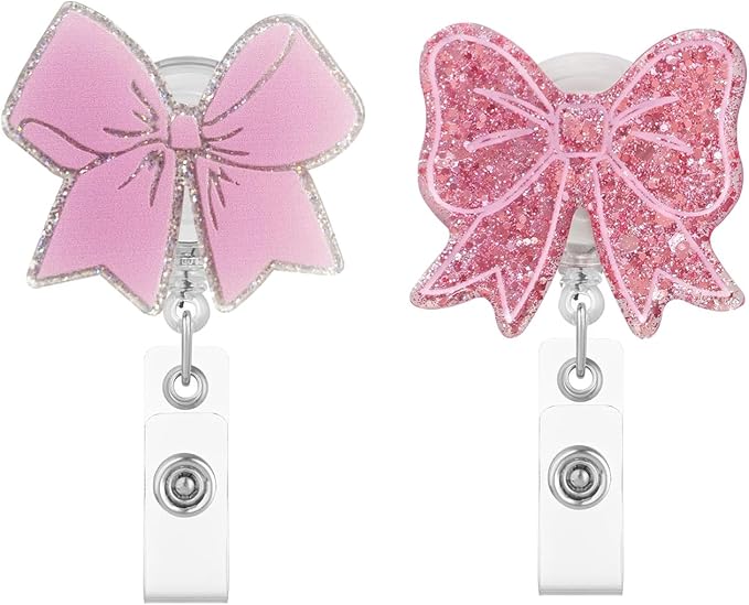 2Pcs Pink Bow Badge Reel for ID Card Badge,Retractable Badge Holder Alligator Clip Accessories for Nurse,RN LPN CNA MA Medical Worker Accessories,Nursing Student,Teacher
