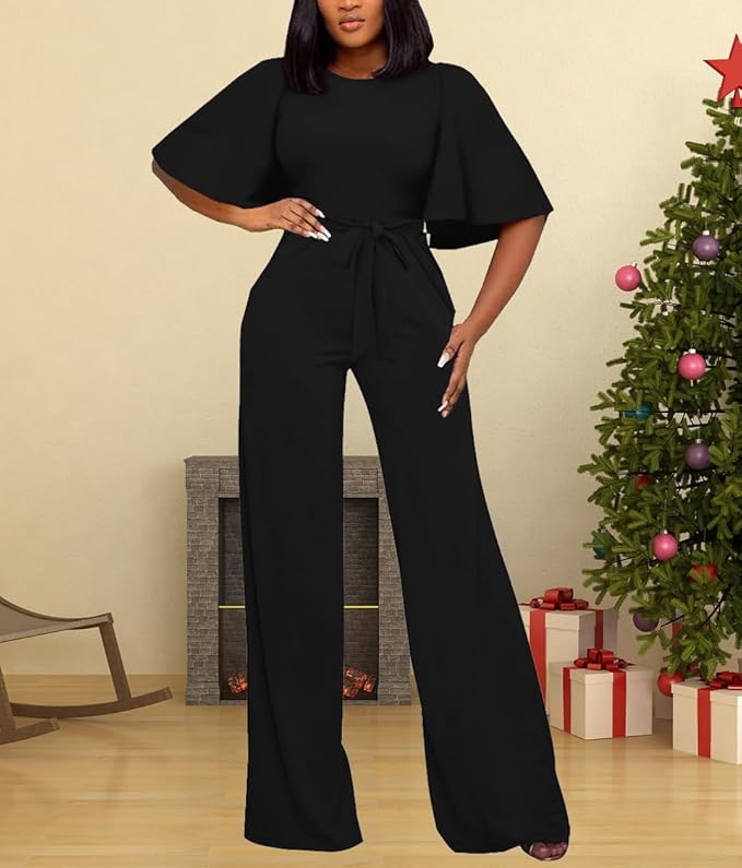 BessCops Womens Loose Short Sleeve Belted Wide Leg Pant Romper Jumpsuit Casual Business One Piece Outfits
