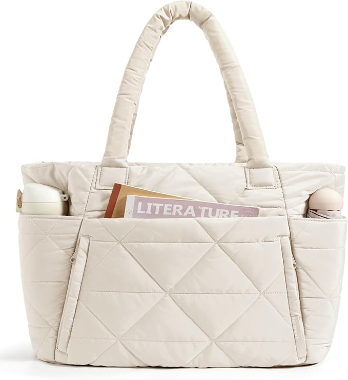 BAGSMART Tote Bag for Women, Puffy Tote Bag with Zipper, Large Quilted Shoulder Bag with Compartments for Travel, Work, Gym
