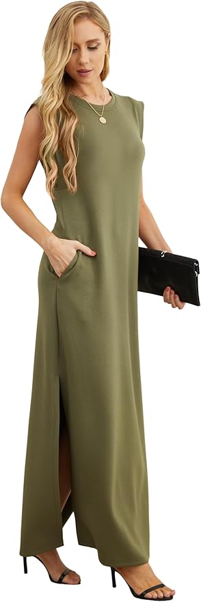 GRECERELLE 2026 Women Year-Round Casual Round Neck Loose Split Wrinkle-Free Long Maxi Vacation Dress with Pockets (XXS-4XL)
