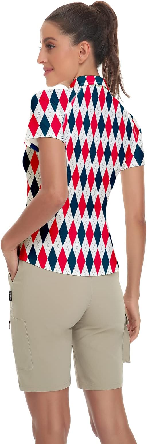 Women's Golf Shirt Short Sleeve Tennis Shirt Quarter Zip Golf Pullover Golf Polo Shirts Argyle Tops