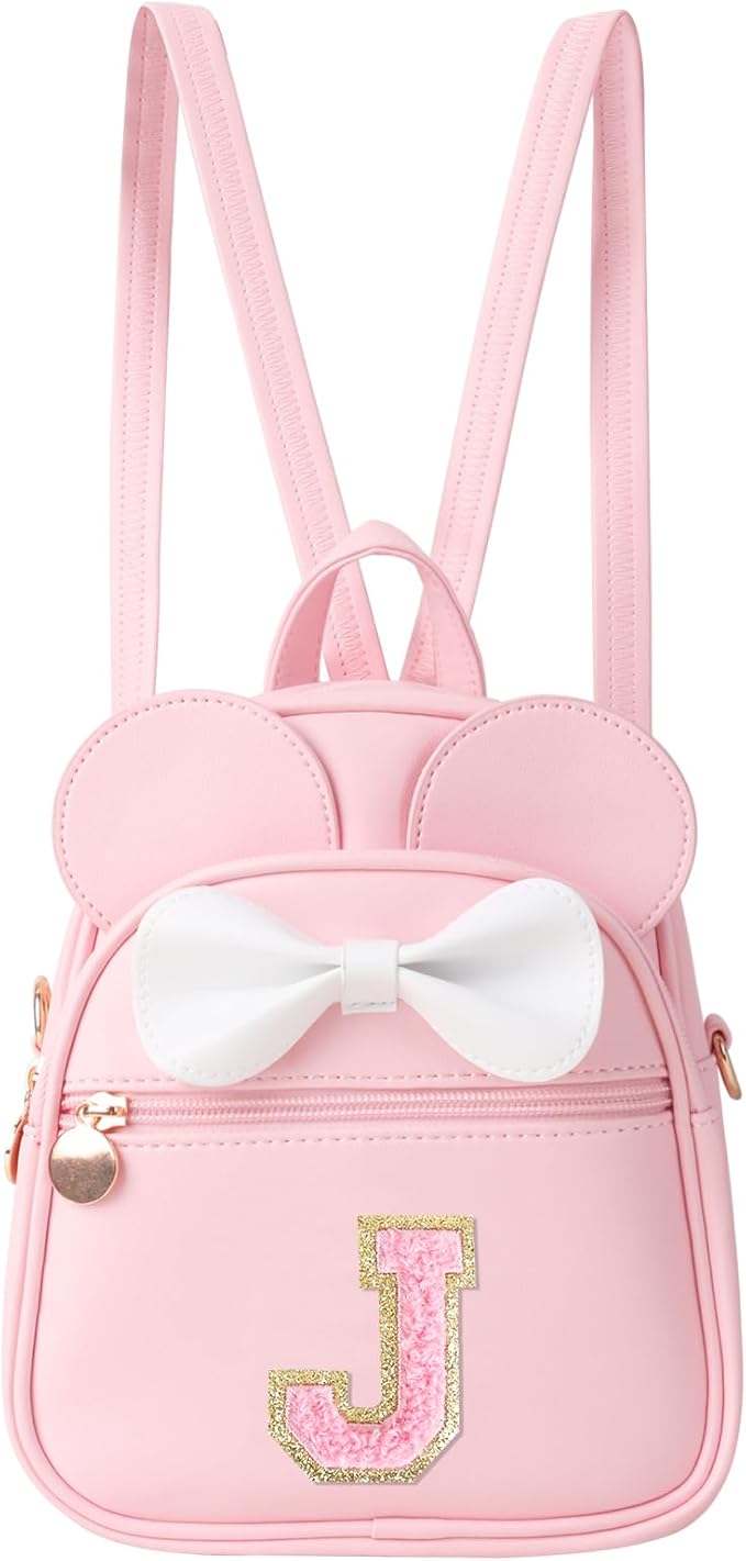 UIXIZQ Personalized Toddler Backpack for Girls 3–10, Cute Mini Bowknot Mouse-Ear Toddler Bookbag Crossbody Purse, Small Daypack Wallet Set, Initial Birthday Gift, Trendy Little Kids/Teen Bag(Pink,J)