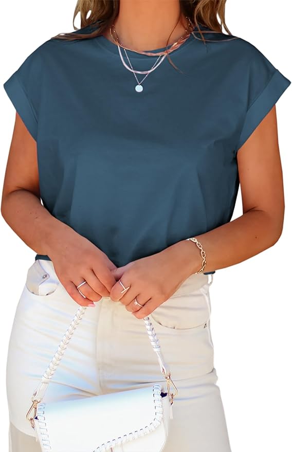 Tankaneo Womens Short Sleeve Cropped T-Shirts Summer Rolled Dolman Sleeve Crop Tops Casual Round Neck Solid Short Basic Tees