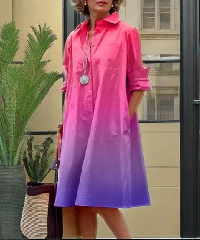 Womens 2025 Long Sleeve Button Down Shirt Summer Dress Casual V Neck Loose Fit Midi Shirt Dresses with Pockets