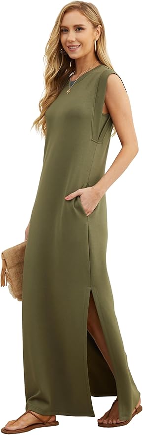 GRECERELLE 2026 Women Year-Round Casual Round Neck Loose Split Wrinkle-Free Long Maxi Vacation Dress with Pockets (XXS-4XL)