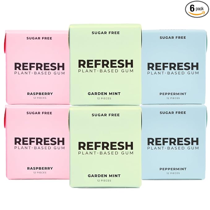 Refresh Gum, Xylitol, Natural, Sugar Free, Long Lasting, Plastic Free, Natural Flavors & Organic Ingredients, Plant-Based, Non GMO, Peppermint, Best Sellers Variety Pack, 12 Pcs, 6 Pack