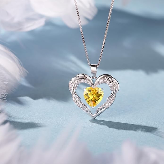 Jurikko Heart Necklaces Valentine's Gift for Women, Birthstone 925 Sterling Silver Angel Wings Love Pendant Necklaces for Women, Jewelry Gifts for Wife, Anniversary, Mother's day