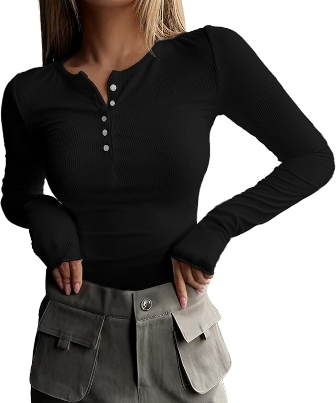 MARSVOVO Fashion Crop Tops for Women Scoop Neck Button Comfy Ribbed Slim Fit Cute Shirts Casual Party Fall Tops