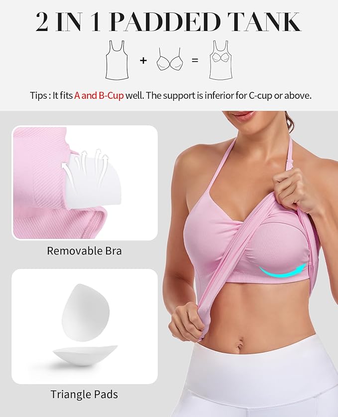 V FOR CITY Built in Bra Halter Tops for Women Padded Workout Tank Strappy Camisole Gym Yoga Cami Top